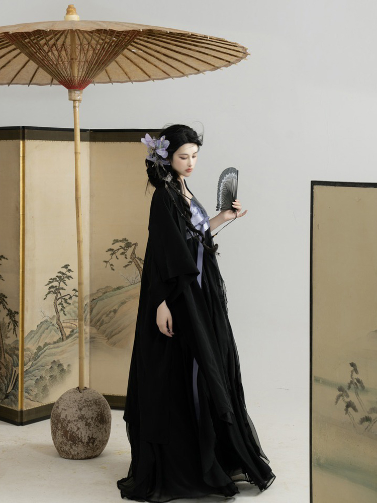 Summer Song Dynasty Women Hanfu Black Dress with Lotus Leaf Theme Fashion Clothing