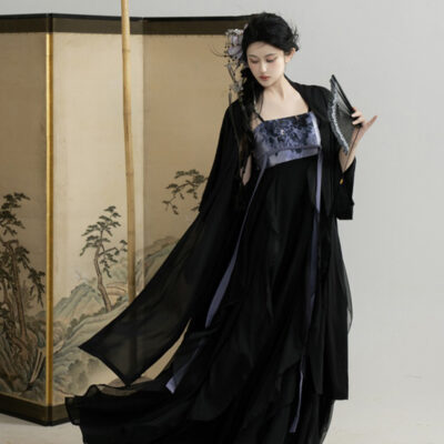 Summer Song Dynasty Women Hanfu Black Dress with Lotus Leaf Theme Fashion Clothing