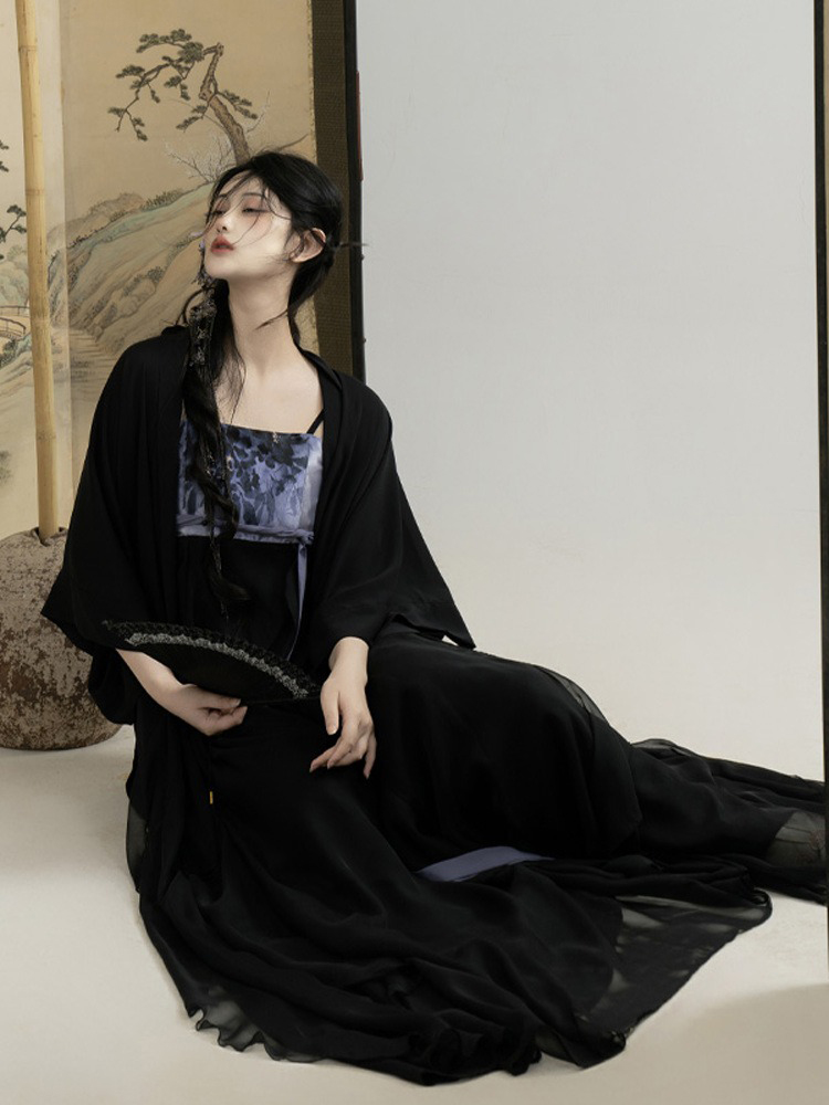 Summer Song Dynasty Women Hanfu Black Dress with Lotus Leaf Theme Fashion Clothing