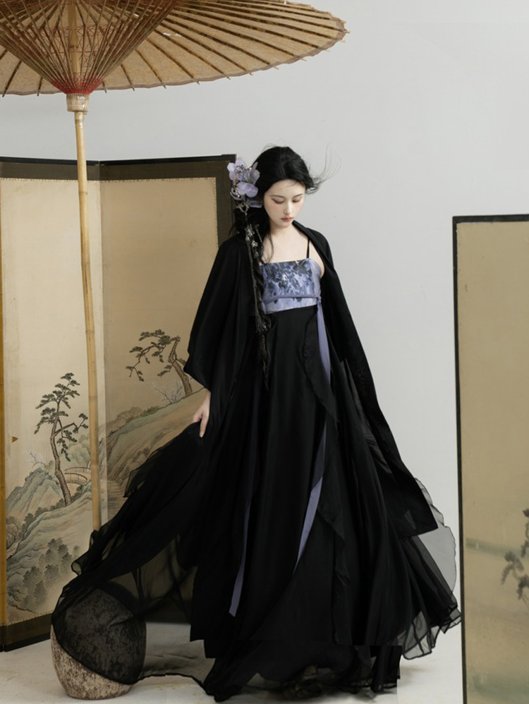 Summer Song Dynasty Women Hanfu Black Dress with Lotus Leaf Theme Fashion Clothing