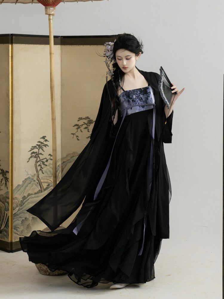 Summer Song Dynasty Women Hanfu Black Dress with Lotus Leaf Theme Fashion Clothing