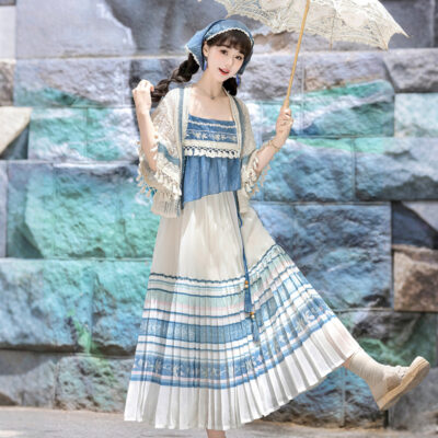 Summer Women New Hanfu Blue Casual Dress