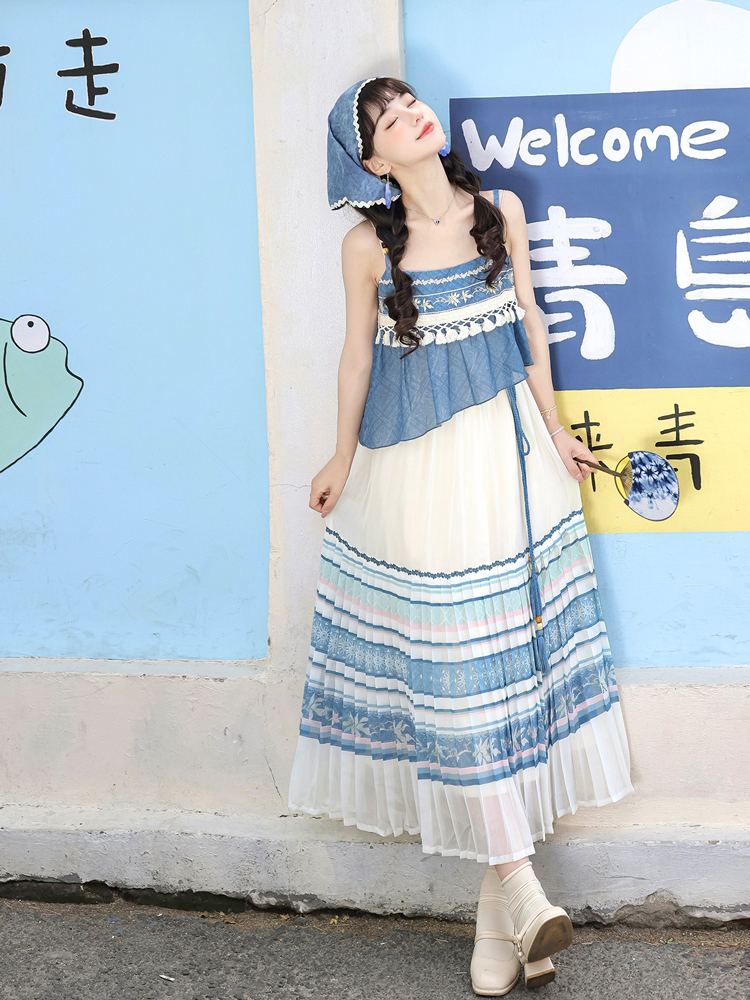 Summer Women New Hanfu Blue Casual Dress