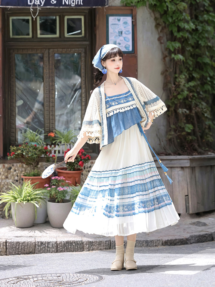 Summer Women New Hanfu Blue Casual Dress