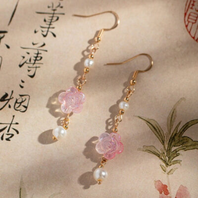 Women Hanfu Earrings Pink Rose Flower Cute Ear Accessories