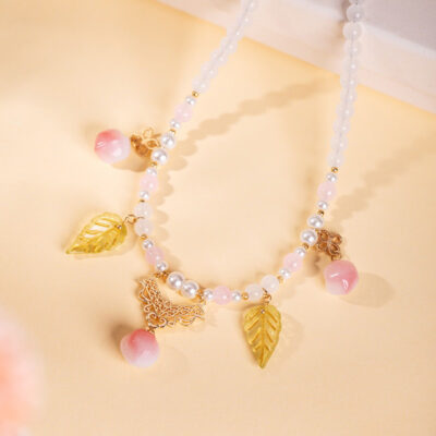 Women Short Necklace Pearl Pink Peach Ming Style