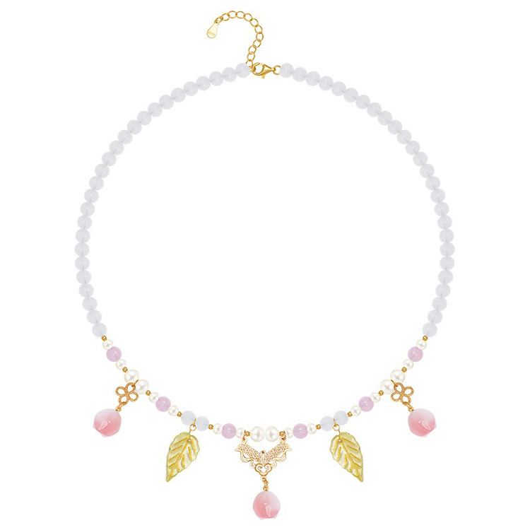 Women Short Necklace Pearl Pink Peach Ming Style