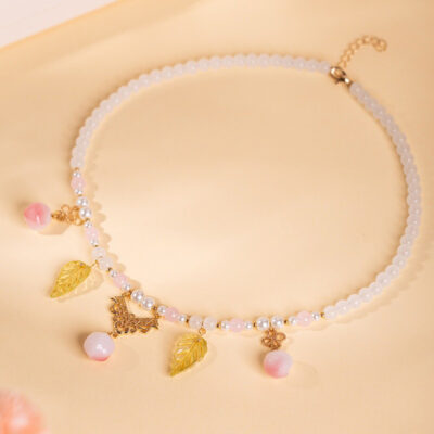 Women Short Necklace Pearl Pink Peach Ming Style