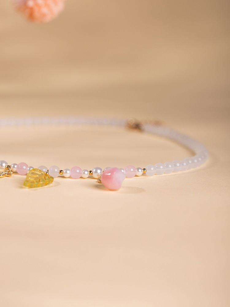 Women Short Necklace Pearl Pink Peach Ming Style