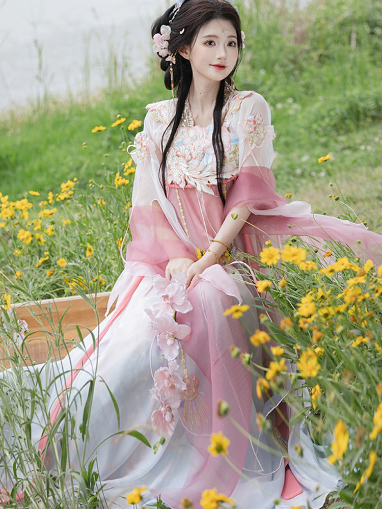 Women Summer Qixiong Hanfu Suit Flower Fairy Cosplay Dress