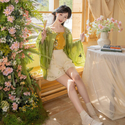 Women Summer Seasonal Hanfu Round-Neck Blouse Green Clothing