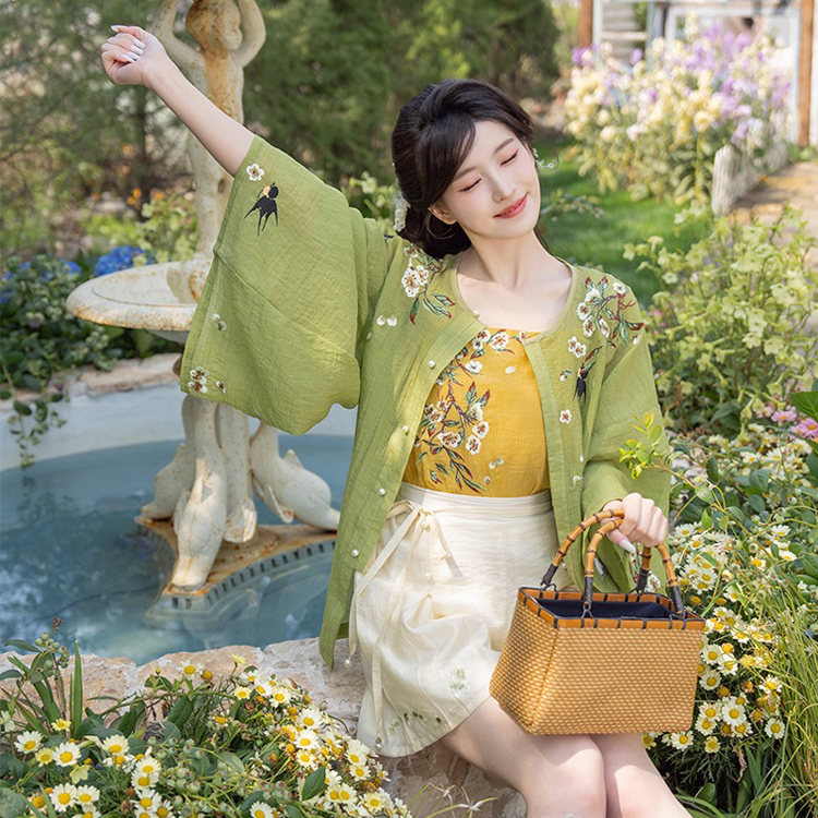Women Summer Seasonal Hanfu Round-Neck Blouse Green Clothing 