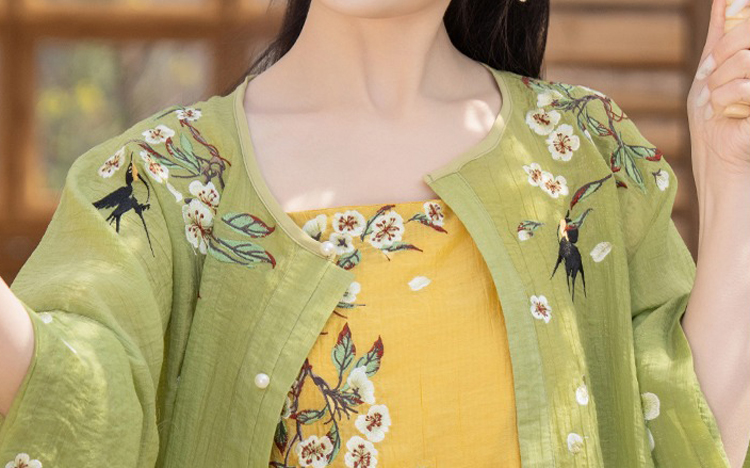Women Summer Seasonal Hanfu Round-Neck Blouse Green Clothing 