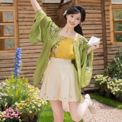 Women Summer Seasonal Hanfu Round-Neck Blouse Green Clothing