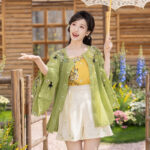Women Summer Seasonal Hanfu Round-Neck Blouse Green Clothing