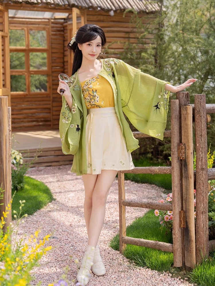 Women Summer Seasonal Hanfu Round-Neck Blouse Green Clothing 