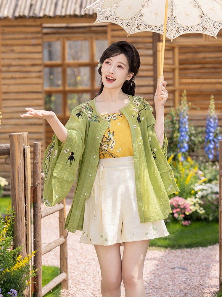 Women Summer Seasonal Hanfu Round-Neck Blouse Green Clothing 