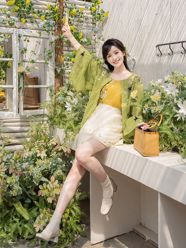 Women Summer Seasonal Hanfu Round-Neck Blouse Green Clothing 