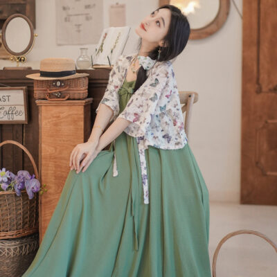 Women Summer Casual Loose Strapless Dress Chest-Length Hanfu Set