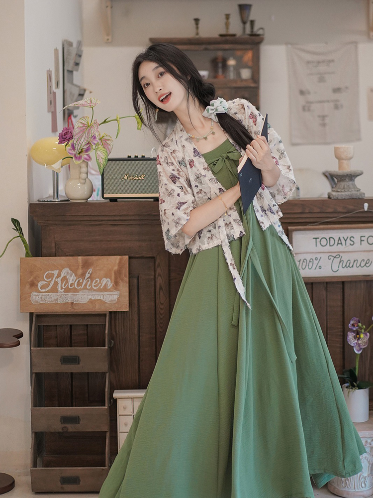 Women Summer Casual Loose Strapless Dress Chest-Length Hanfu Set