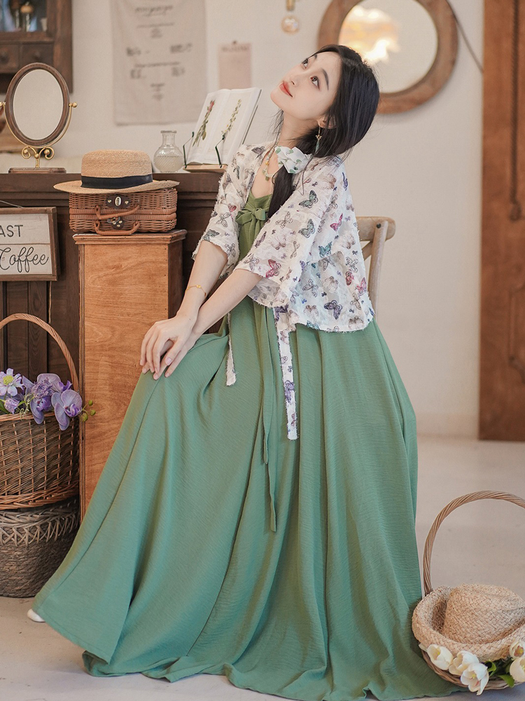 Women Summer Casual Loose Strapless Dress Chest-Length Hanfu Set