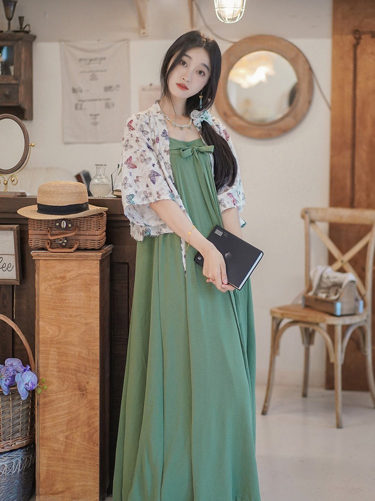 Women Summer Casual Loose Strapless Dress Chest-Length Hanfu Set