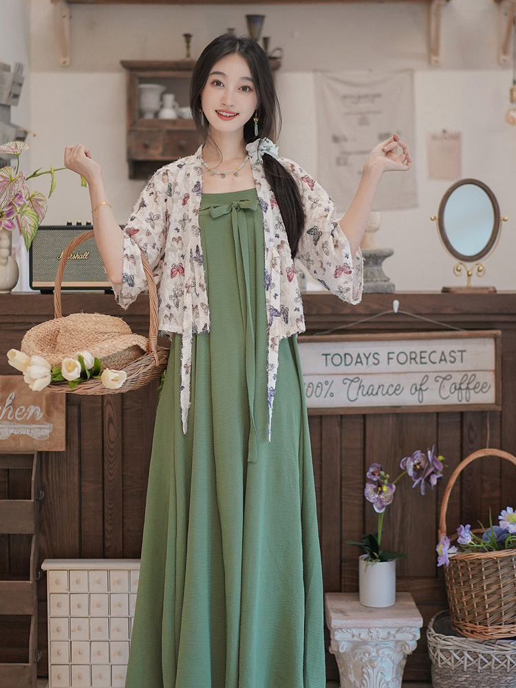 Women Summer Casual Loose Strapless Dress Chest-Length Hanfu Set