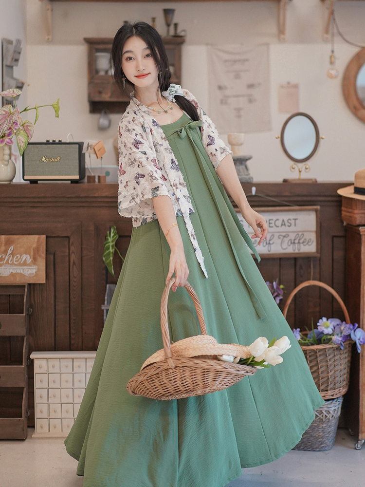 Women Summer Casual Loose Strapless Dress Chest-Length Hanfu Set