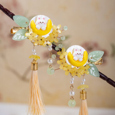 Children Hair Accessories Mid-Autumn Festival Cute Moon Bunny Hair Clips Hanfu Cinnamon Tassel