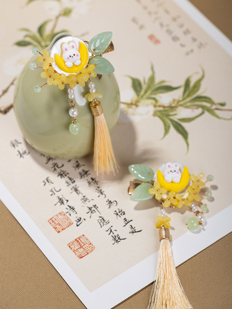 Children Hair Accessories Mid-Autumn Festival Cute Moon Bunny Hair Clips Hanfu Cinnamon Tassel