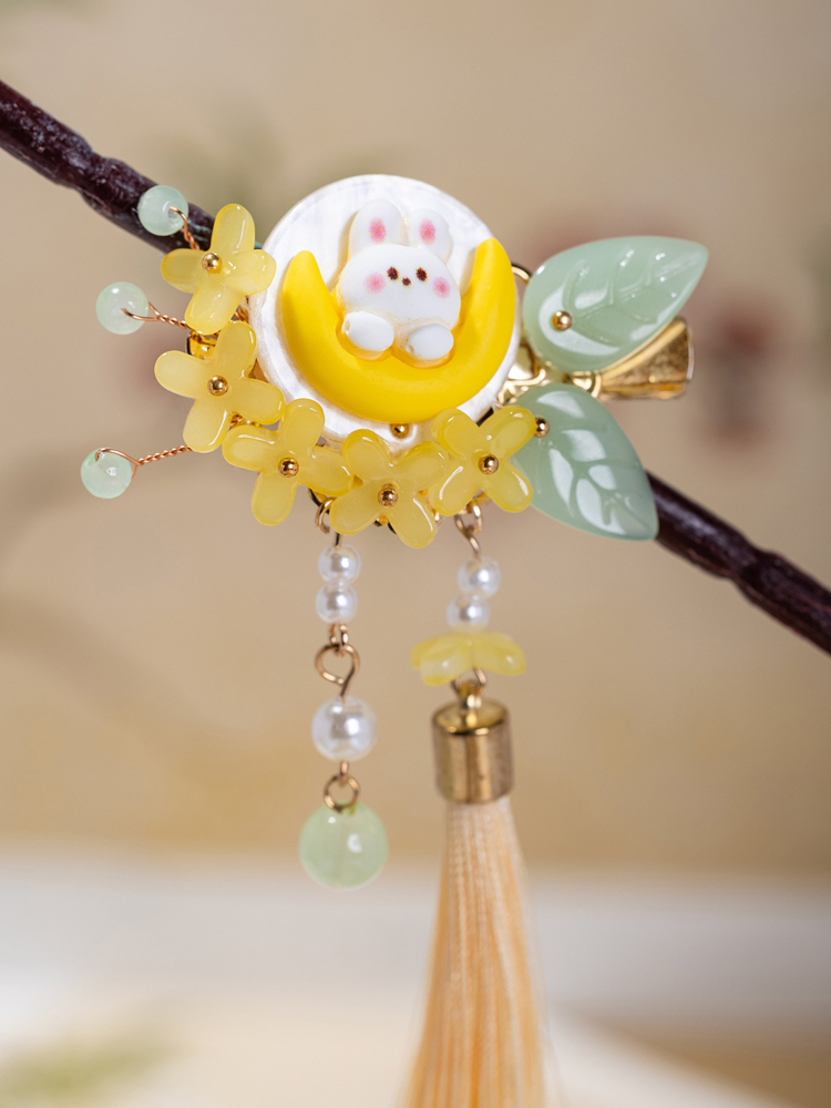 Children Hair Accessories Mid-Autumn Festival Cute Moon Bunny Hair Clips Hanfu Cinnamon Tassel