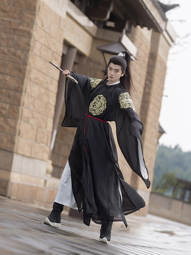 Men Black Round Collar Robe Autumn Tang Dynasty Hanfu Wuxia Clothing