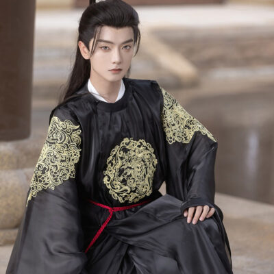 Men Black Round Collar Robe Autumn Tang Dynasty Hanfu Wuxia Clothing