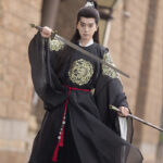 Men Black Round Collar Robe Autumn Tang Dynasty Hanfu Wuxia Clothing