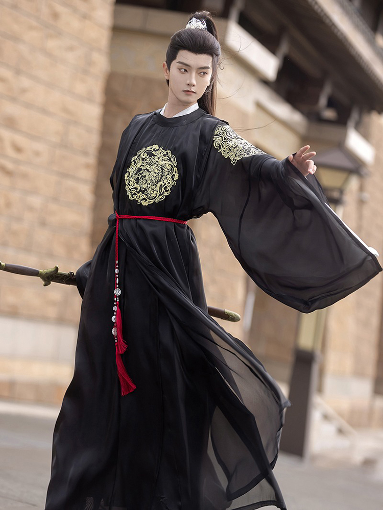 Men Black Round Collar Robe Autumn Tang Dynasty Hanfu Wuxia Clothing