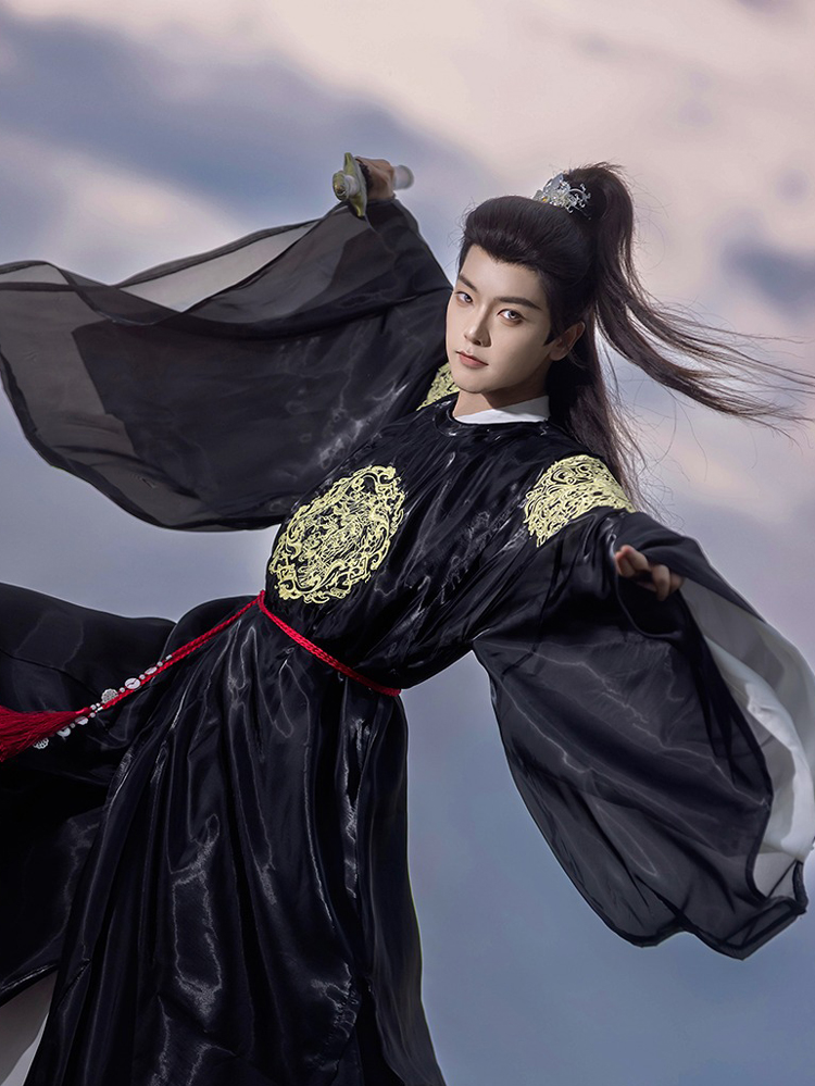 Men Black Round Collar Robe Autumn Tang Dynasty Hanfu Wuxia Clothing
