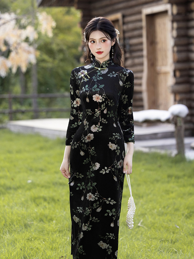 Retro Women Dress Black Flower Cheongsam Autumn Style