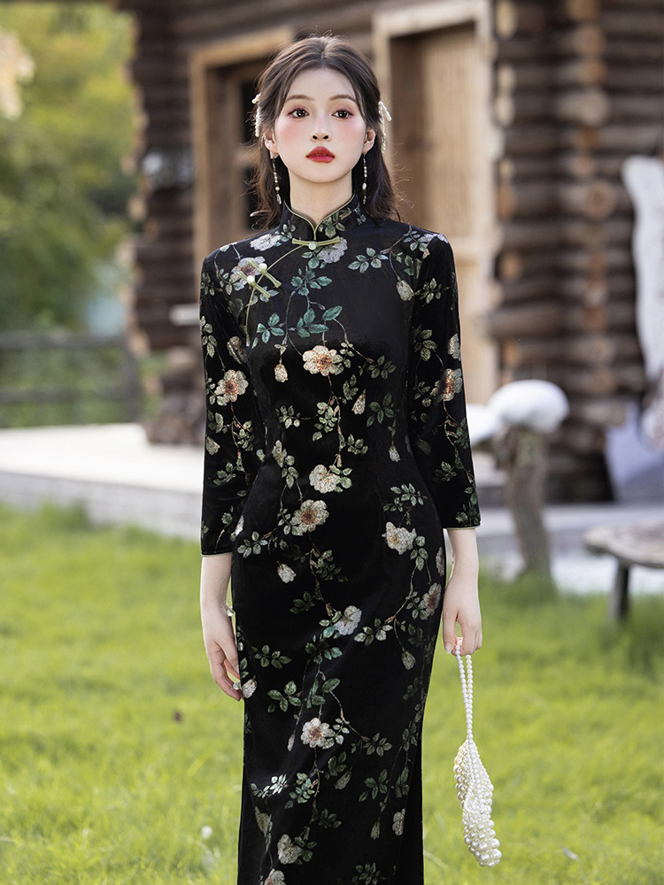 Retro Women Dress Black Flower Cheongsam Autumn Style