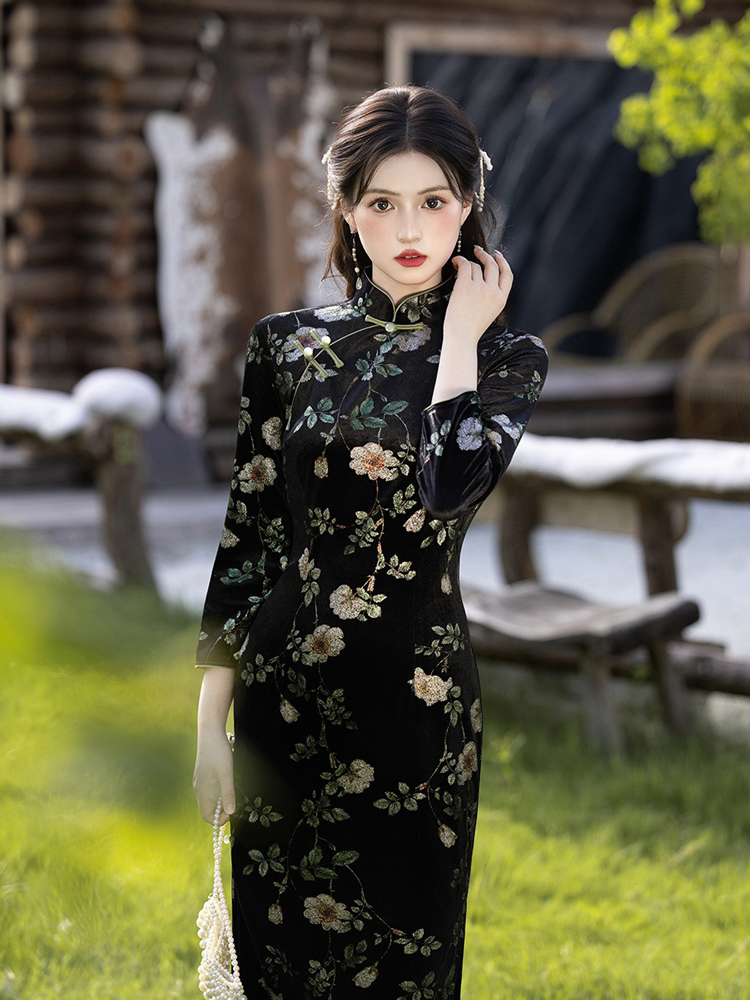 Retro Women Dress Black Flower Cheongsam Autumn Style