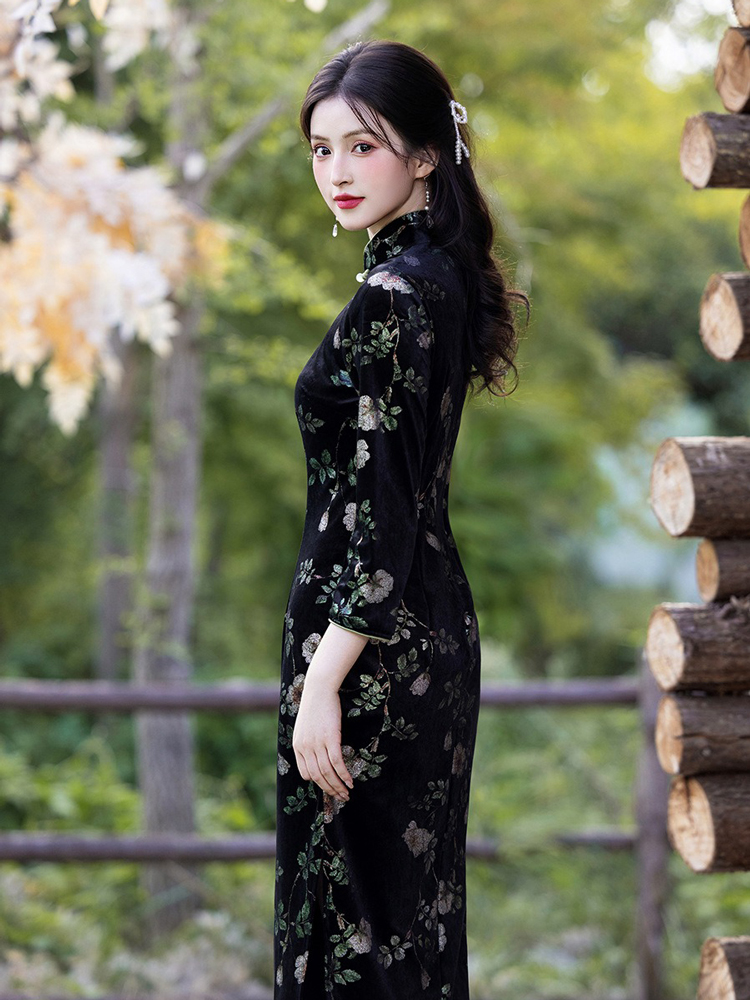 Retro Women Dress Black Flower Cheongsam Autumn Style