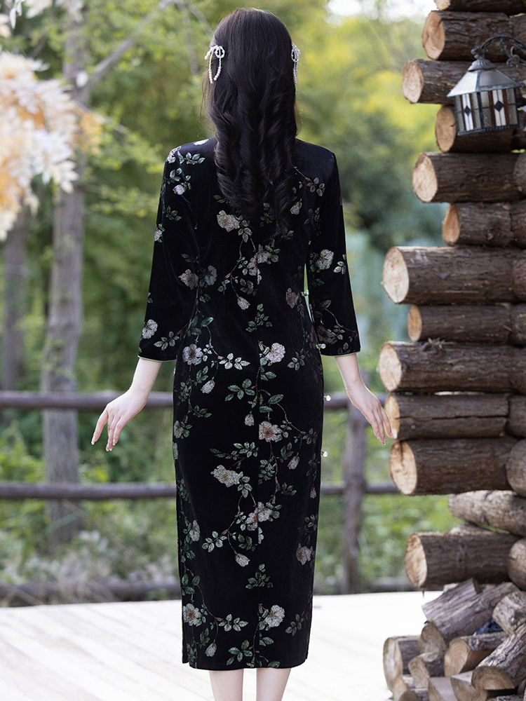Retro Women Dress Black Flower Cheongsam Autumn Style