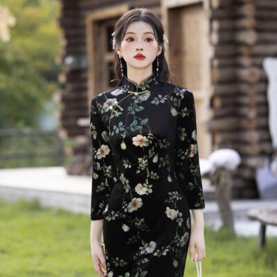 Retro Women Dress Black Flower Cheongsam Autumn Style
