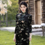 Retro Women Dress Black Flower Cheongsam Autumn Style