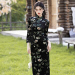 Retro Women Dress Black Flower Cheongsam Autumn Style
