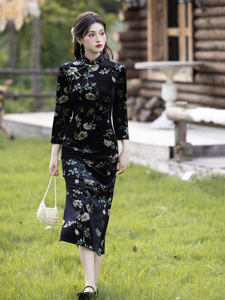 Retro Women Dress Black Flower Cheongsam Autumn Style