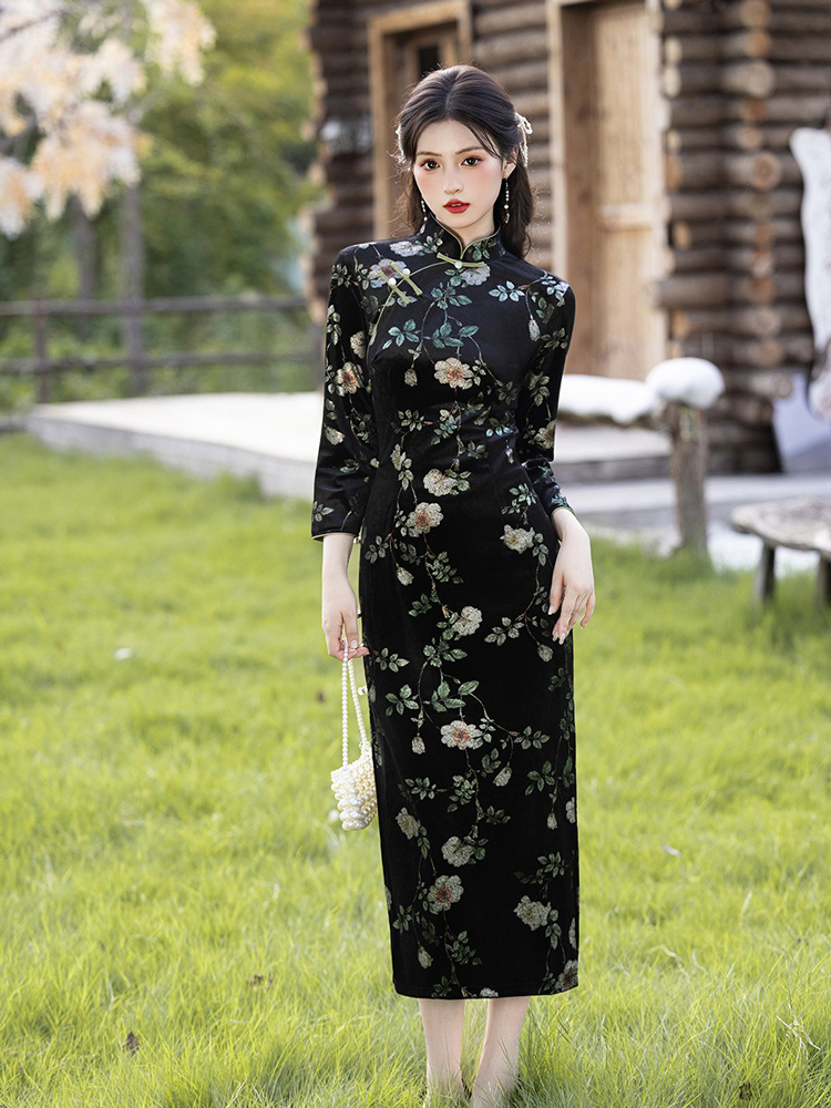 Retro Women Dress Black Flower Cheongsam Autumn Style