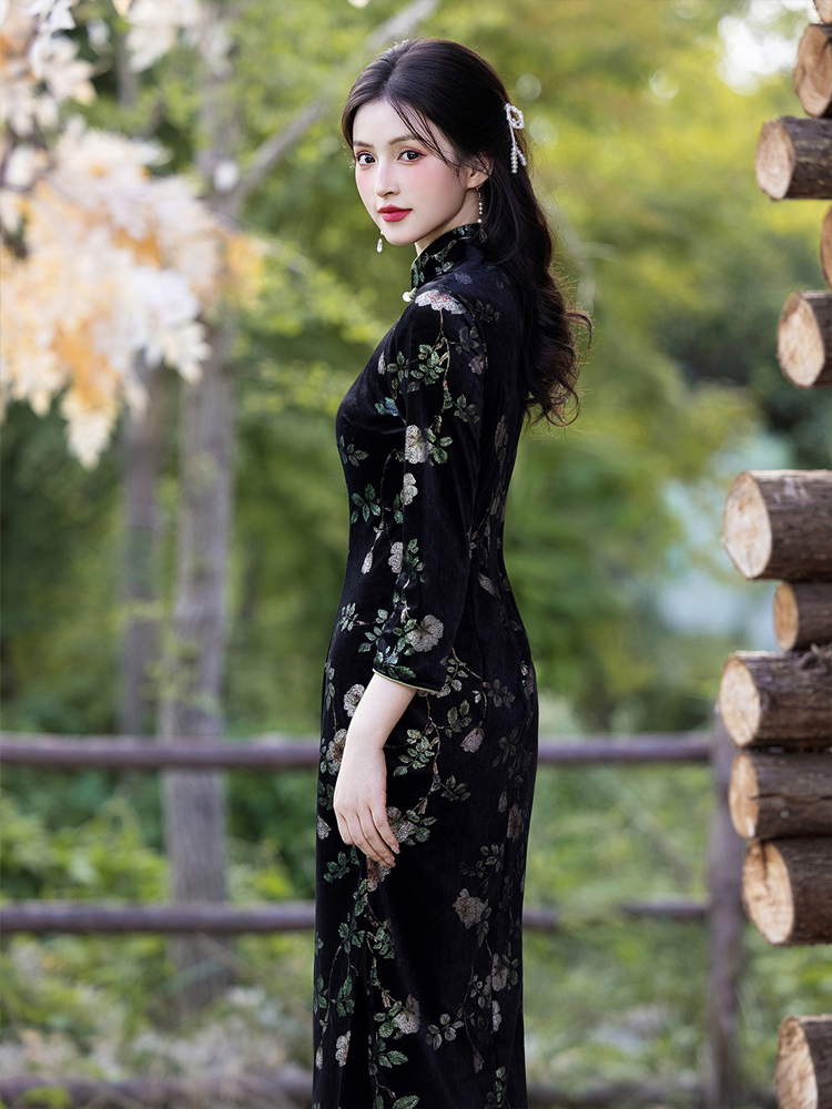 Retro Women Dress Black Flower Cheongsam Autumn Style