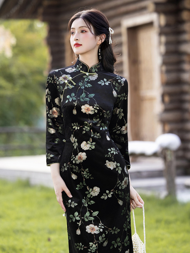 Retro Women Dress Black Flower Cheongsam Autumn Style