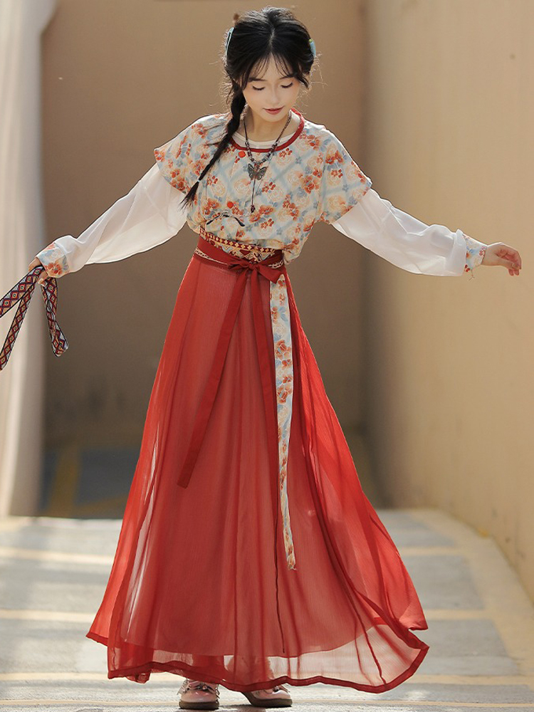 Tang Dynasty Casual hanfu Women Red Long Skirt for Everyday Wear