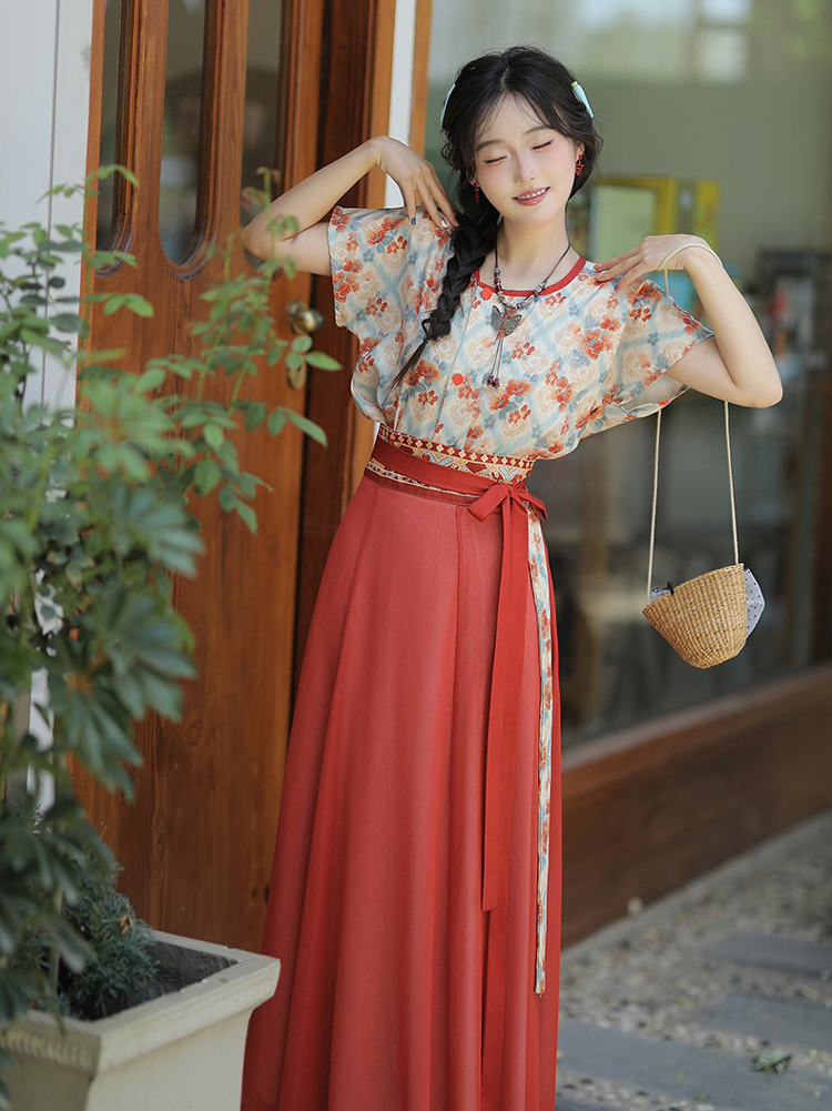 Tang Dynasty Casual hanfu Women Red Long Skirt for Everyday Wear